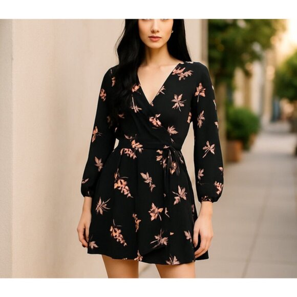 Billabong Mini Wrap Dress Womens Small Black Floral Crinkle Boho Long Sleeve - Picture 1 of 9